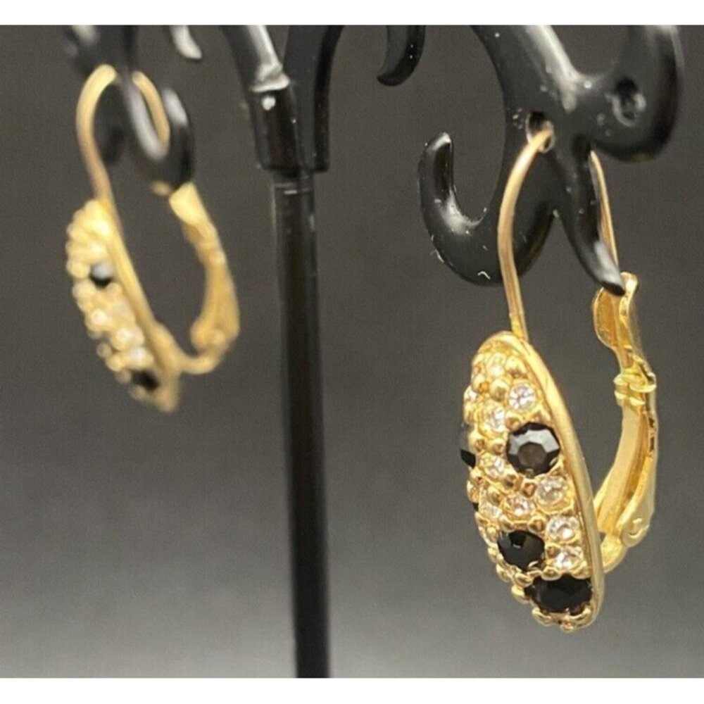Vintage Swarovski for Avon Earrings Black Crystal Pave Gold Plated Drop Pierced - Picture 2 of 10